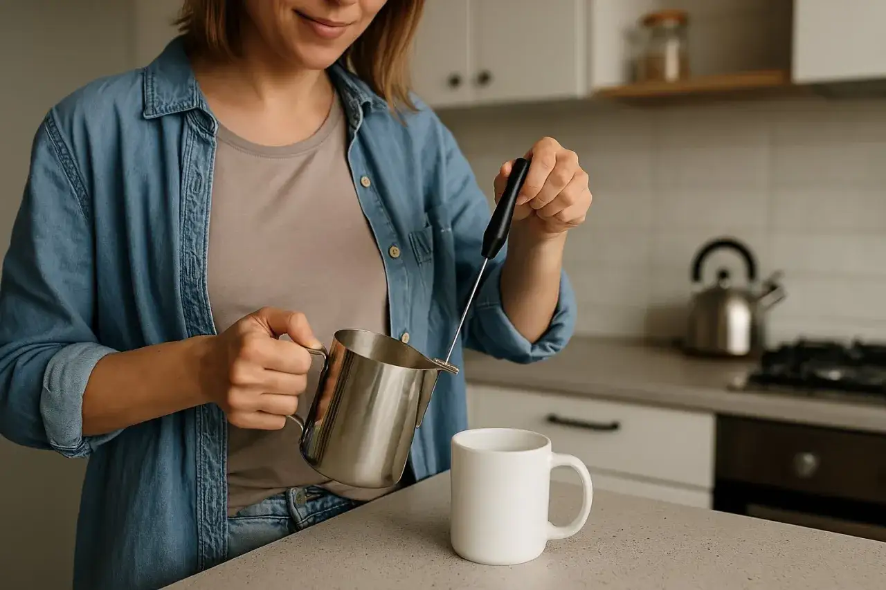 Kobieta spienia mleko roślinne za pomocą spieniacza, przygotowując nap&oacute;j.