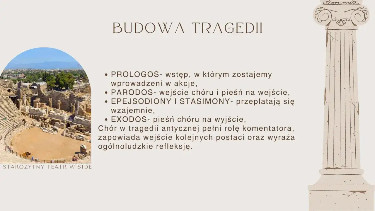 Budowa tragedii antycznej: Prologos, Parodos, Epejsodiony, Stasimony, Exodos. Starożytny teatr w Side.