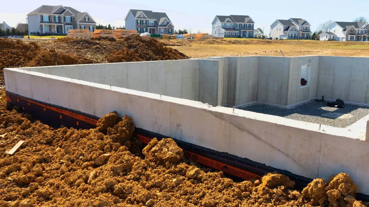 Fundament betonowy w budowie. Zastanawiasz się, ile kosztuje kubik betonu na fundamenty? W tle nowe domy.