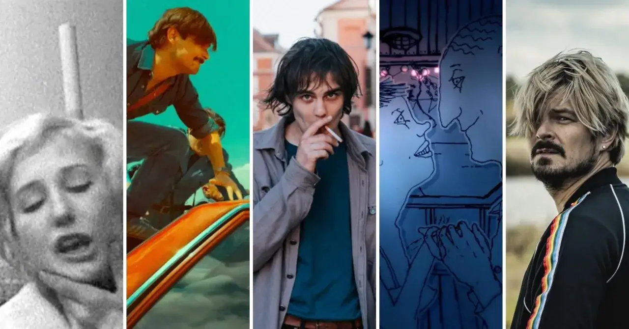 Kolaż z kadrów filmowych, w tym ujęcie kobiety, mężczyzny na samochodzie, palącego papierosa młodego chłopaka, rysunkowej sceny i mężczyzny z blond włosami. To mogą być najlepsze polskie filmy.