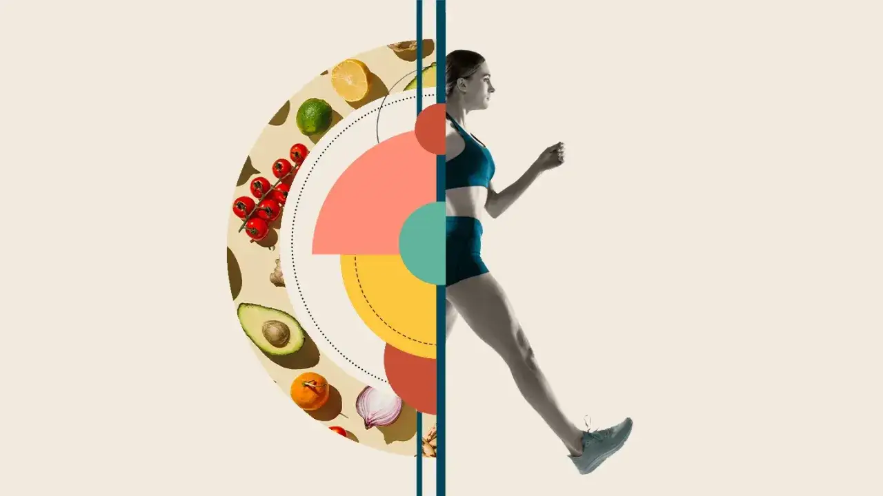 Aktywność fizyczna i zdrowa dieta to klucz do tego, jak przyspieszyć metabolizm. Kobieta w ruchu obok świeżych warzyw i owoc&oacute;w.