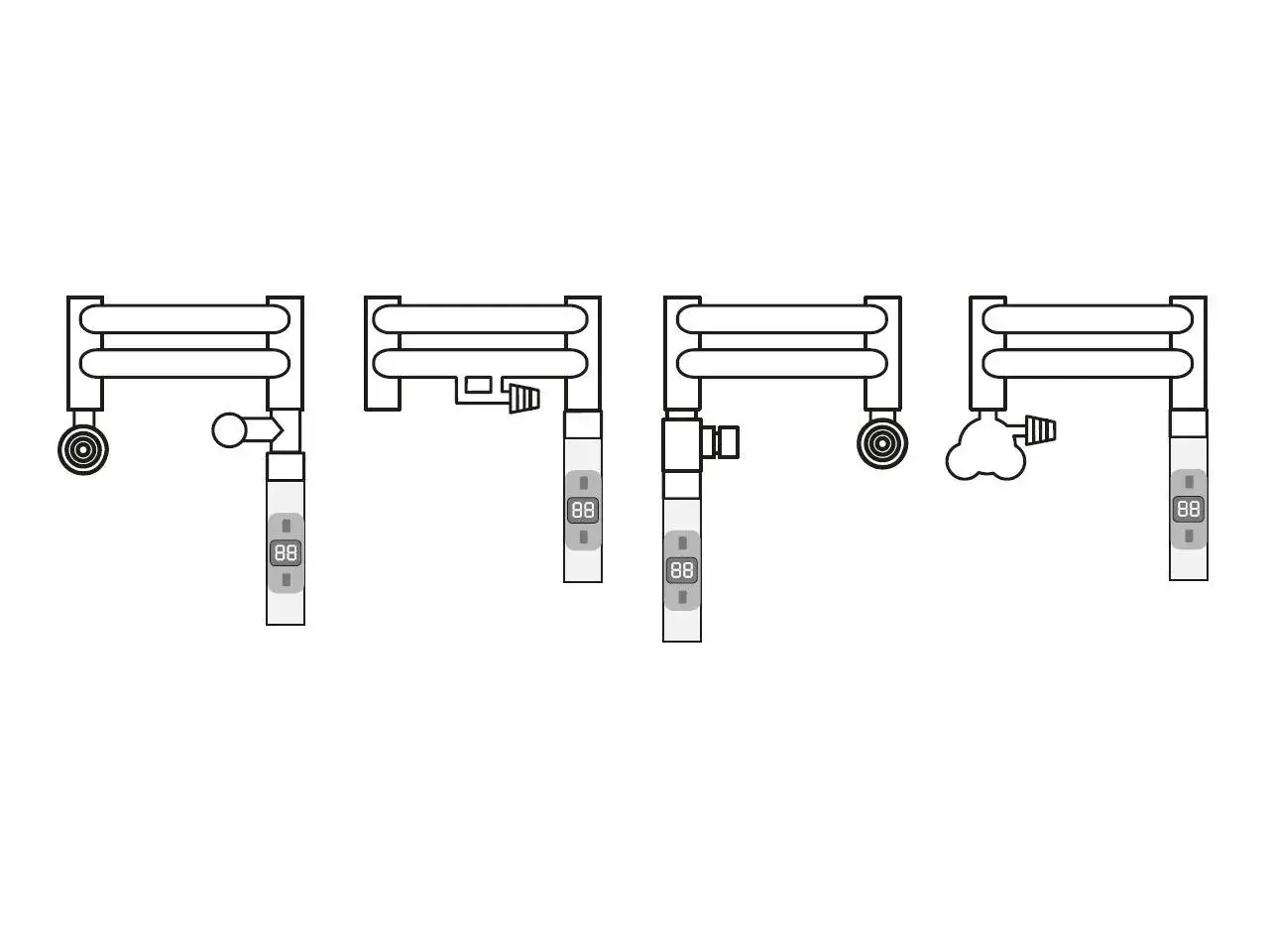 Schematyczne przedstawienie, jak zamontować grzejnik łazienkowy: różne rodzaje podłączeń i akcesoriów.