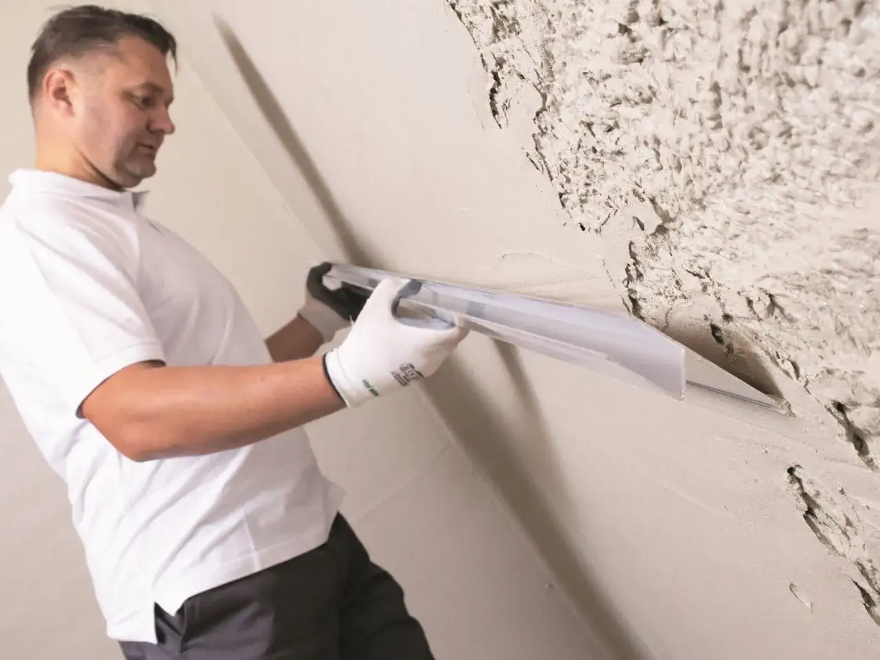 Mężczyzna w białej koszulce i rękawiczkach wygładza ścianę narzędziem. Czy kłaść gładź pod tapetę? Tak, to klucz do idealnego wykończenia.