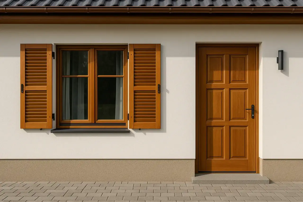 Eleganckie, brązowe drzwi wejściowe obok okna z drewnianymi okiennicami.