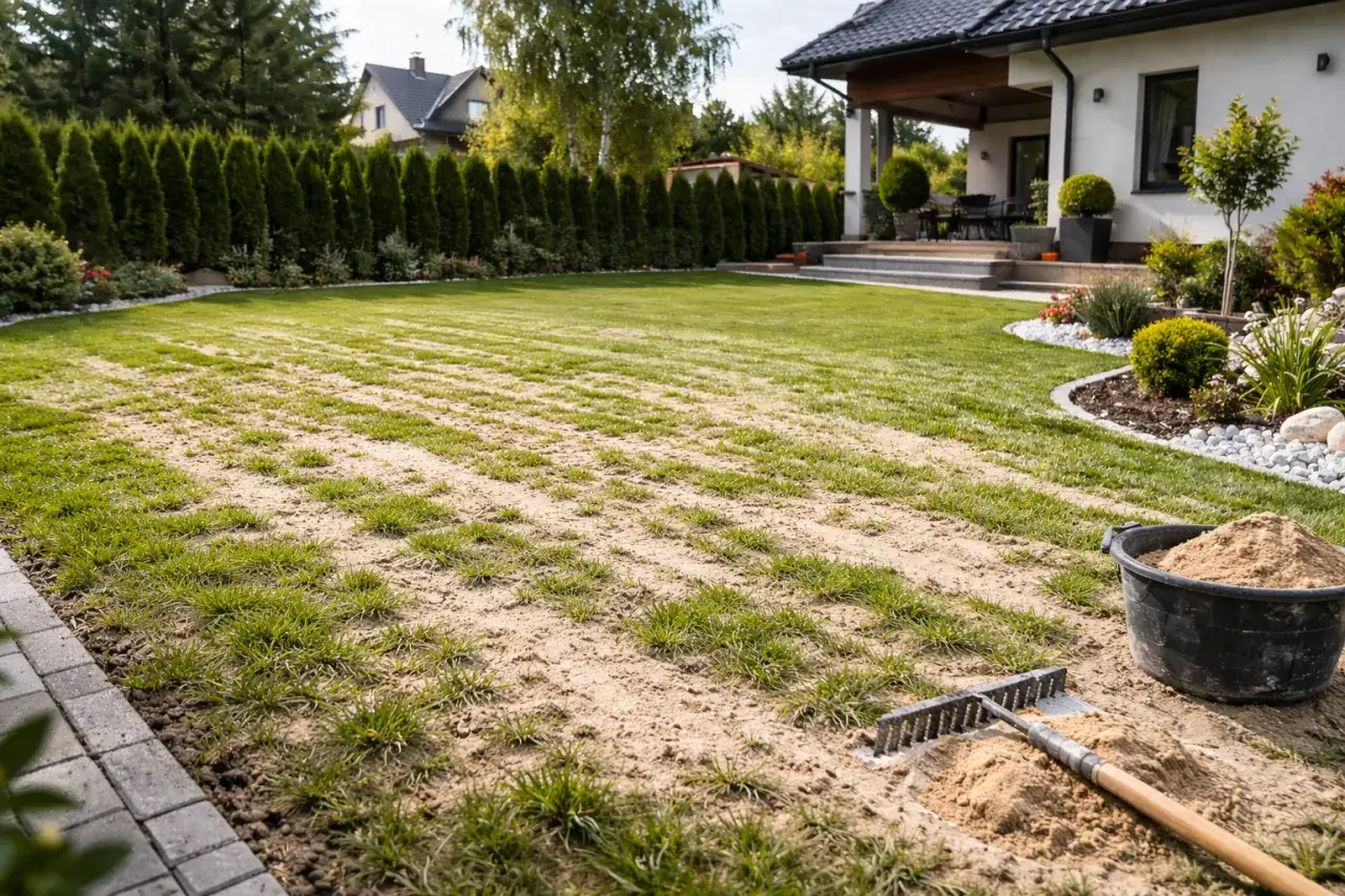 Przygotowanie trawnika do wiosny: widać świeżo przekopane pasy ziemi, grabie i wiadro z piaskiem. To idealny moment na aerację trawnika po zimie.