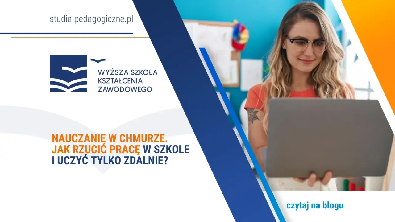 Kobieta z laptopem, logo uczelni i hasło 