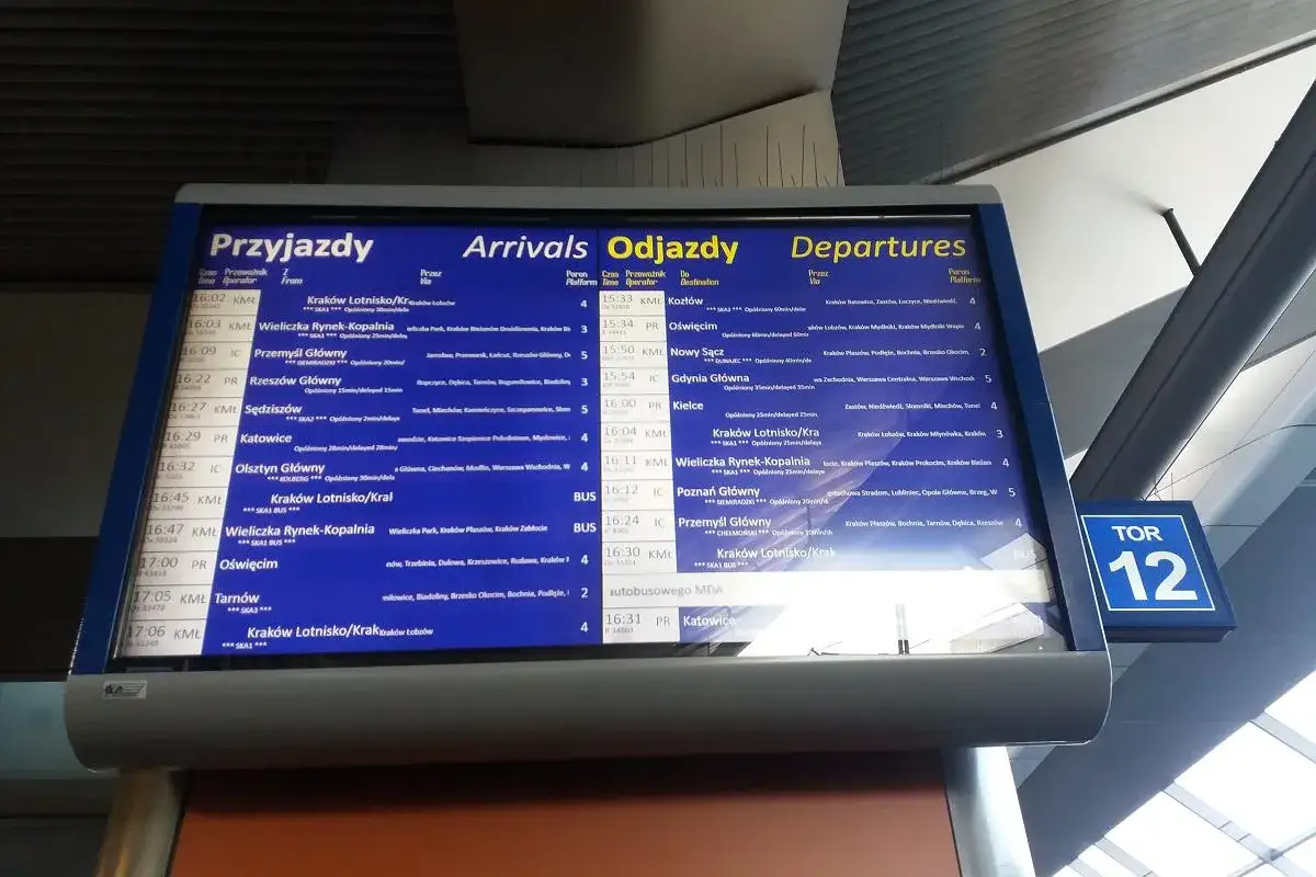Tablica odjazdów PKP z Krakowa do Zakopanego i innych miast. Widać pociągi do Katowic, Oświęcimia, Nowego Sącza.