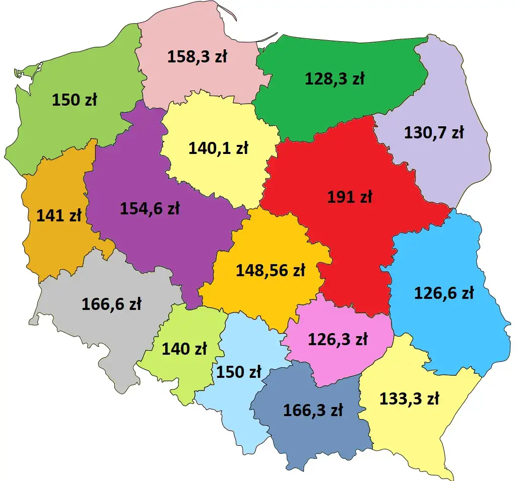 Mapa Polski zarobki dentystów regionalne