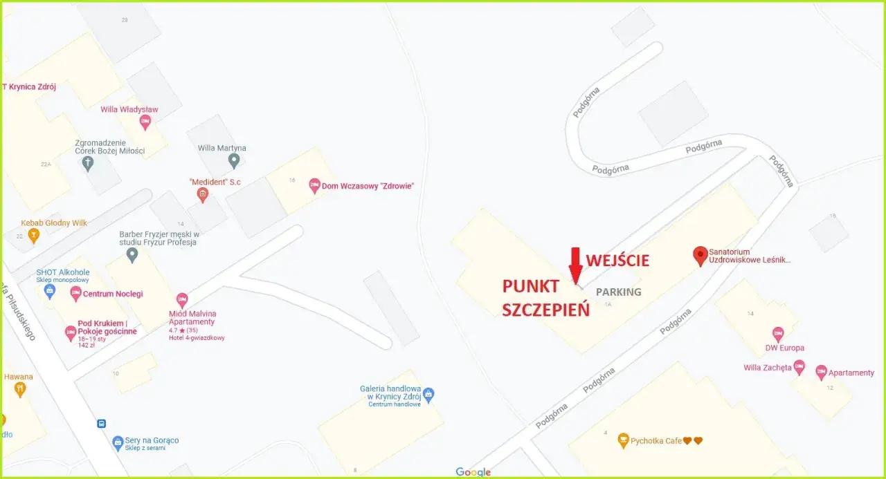 Sanatorium Leśnik w Krynicy-Zdroju, ul. Podg&oacute;rna 1. Mapa pokazuje punkt szczepień i parking.