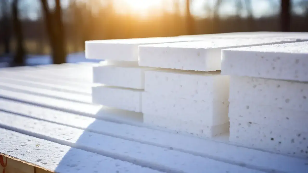 Stosy białego styropianu, idealnego do izolacji, czekają na montaż. Czy to styrobeton czy styropian? To na pewno styropian!