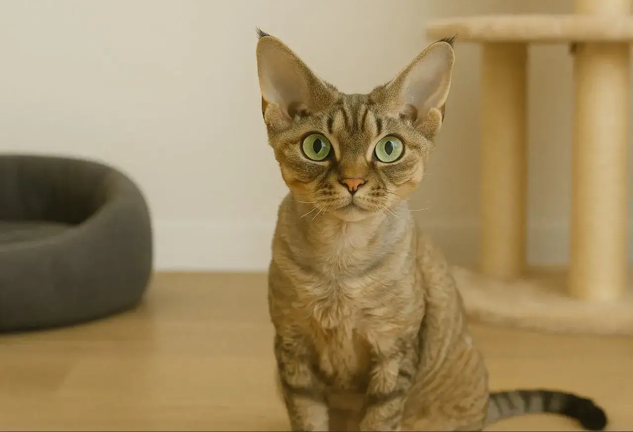 Kot rasy Devon Rex o zielonych oczach i falistej sierści, z charakterystycznym spojrzeniem, kt&oacute;re odzwierciedla jego wesoły **devon rex charakter**.