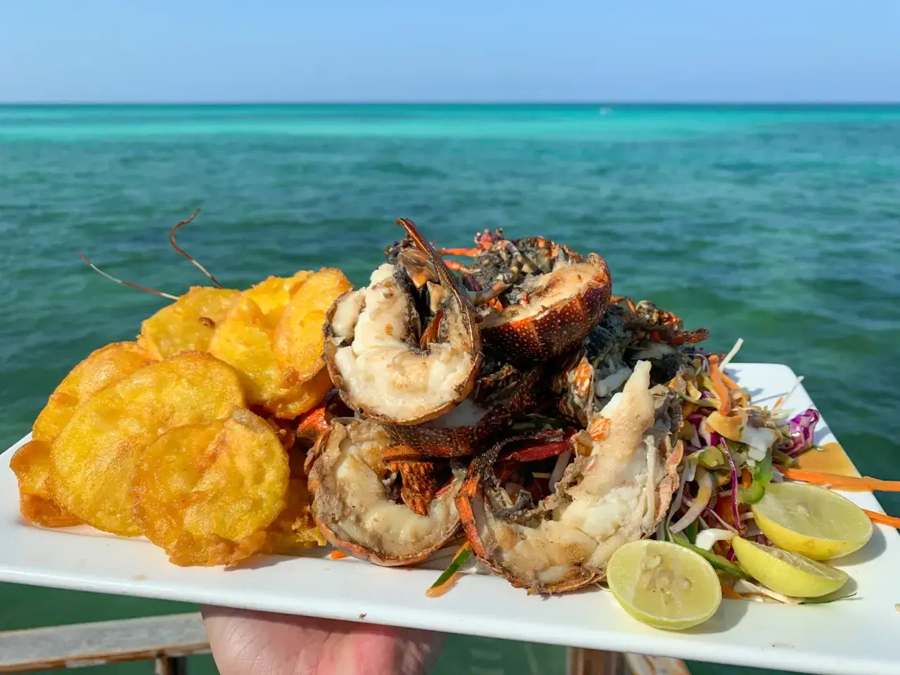 Talerz z homarem, frytkami i sałatką na tle turkusowego morza. Pytanie: ile kosztuje obiad na Zanzibarze?