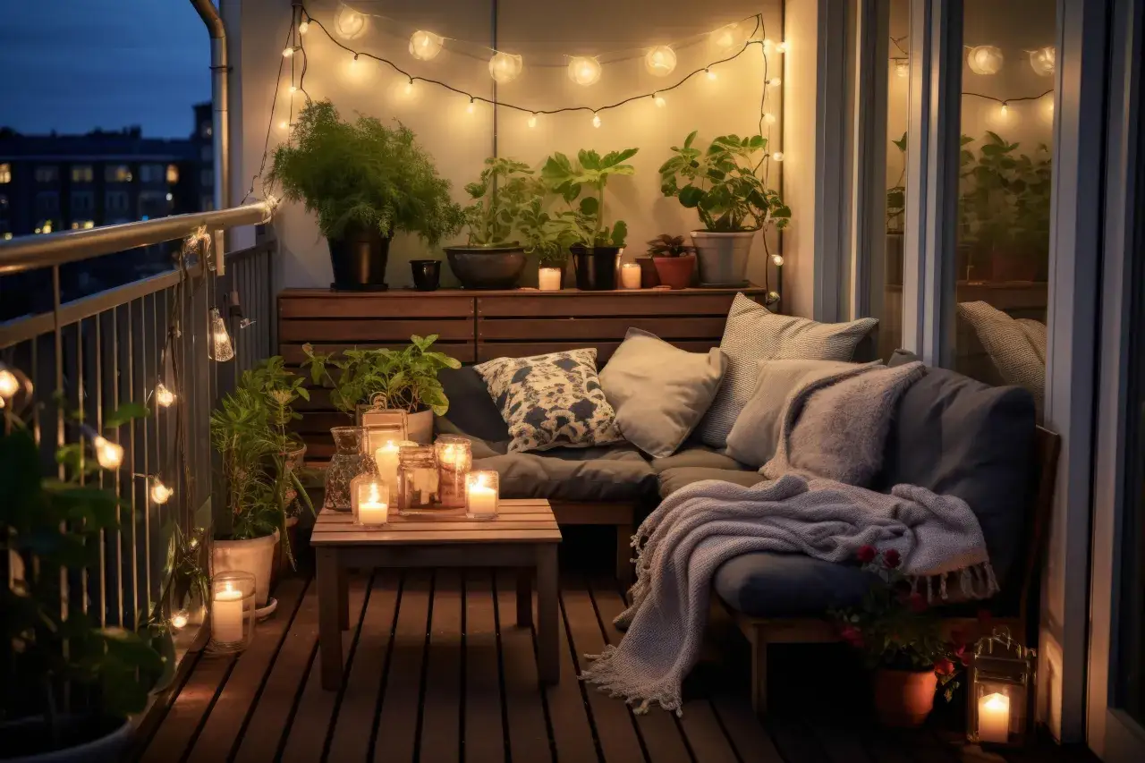 Przytulny mini balkon w bloku, oświetlony girlandą i świecami. Wygodna kanapa z poduszkami i pledem zaprasza do relaksu.
