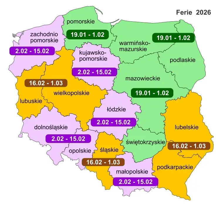Mapa Polski terminy ferii zimowych 2026