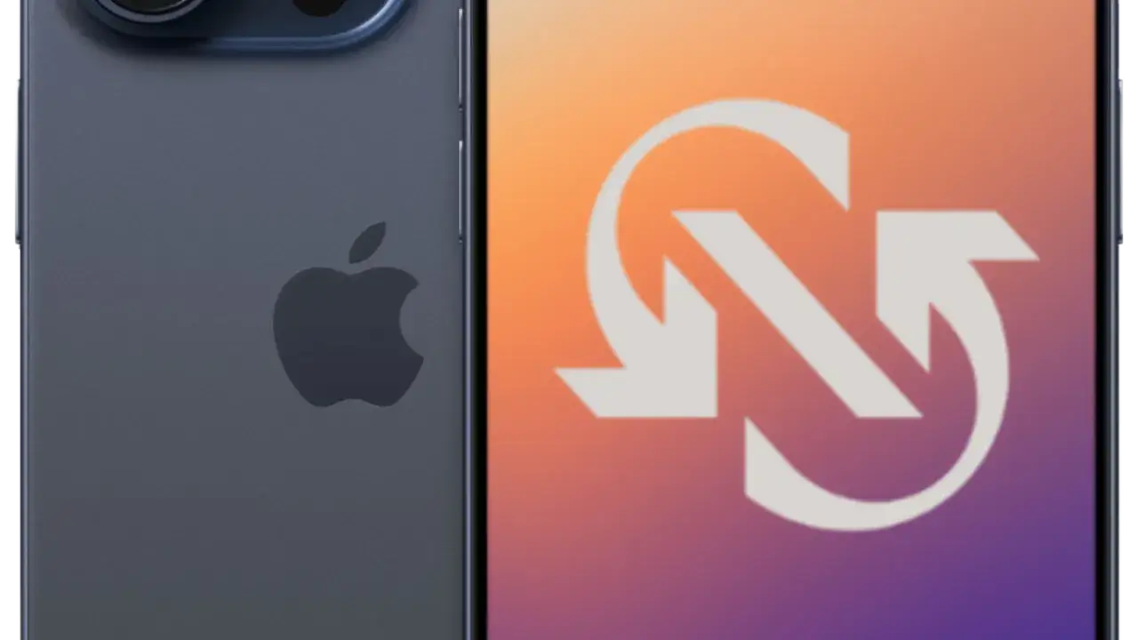 Ciemnoszary iPhone 15 z logo Apple obok ekranu z białym symbolem odświeżania.