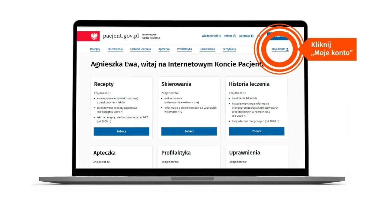 Na ekranie laptopa widoczny jest portal pacjent.gov.pl. Kliknij 