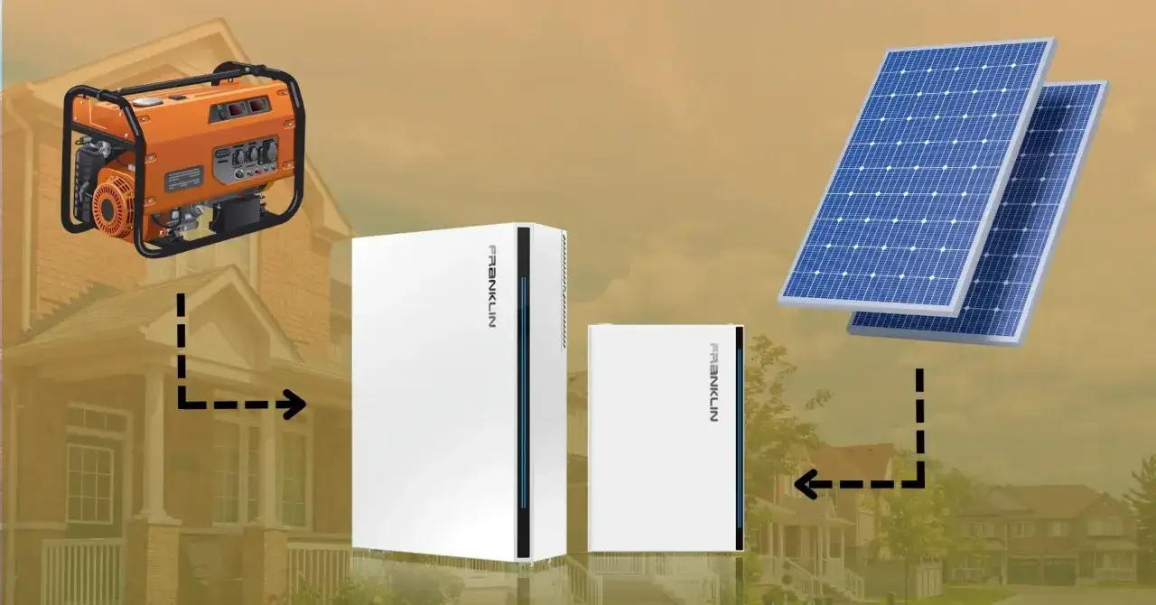 Schemat instalacji OZE: agregat prądotw&oacute;rczy, baterie Franklin i panele słoneczne połączone z domami.