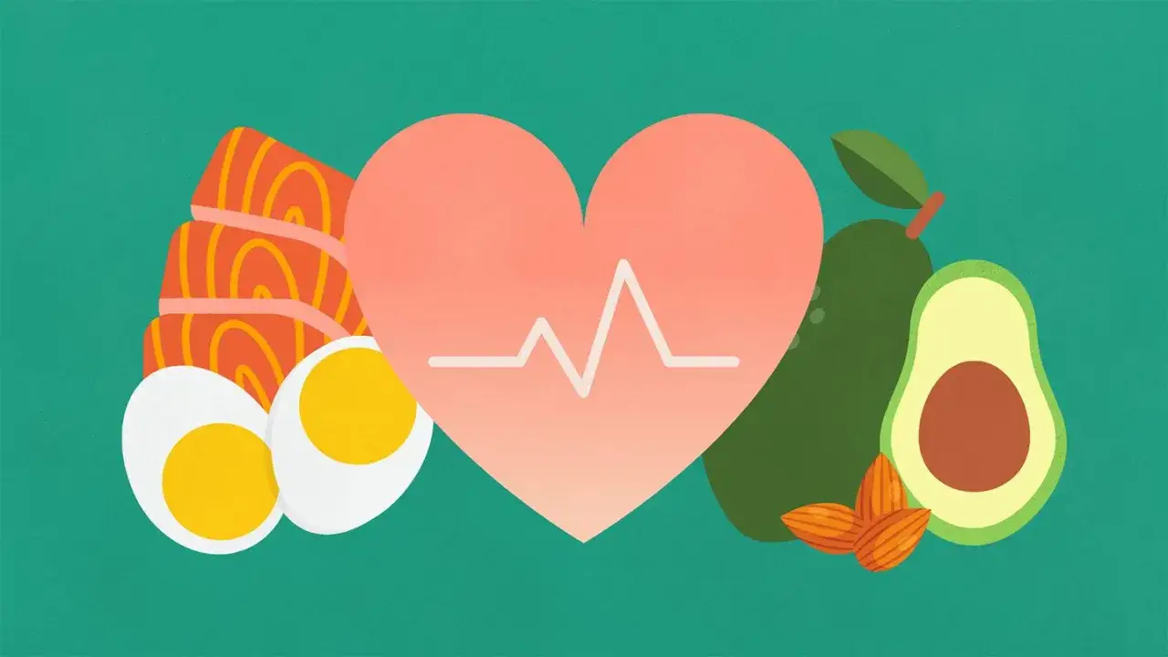 Serce z EKG, łosoś, jajka, awokado i migdały &ndash; ilustracja o wpływie diety keto na cholesterol.