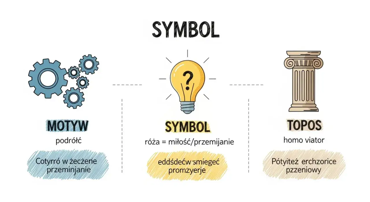 Grafika ilustruje symbole, ich znaczenie i znaki: motyw (koła zębate), symbol (żar&oacute;wka, r&oacute;ża) i topos (kolumna).