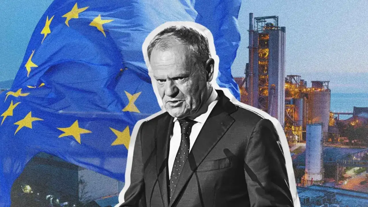 Donald Tusk na tle flagi UE i przemysłowych budynków. Czy Tusk zna angielski? Pytanie pozostaje otwarte.