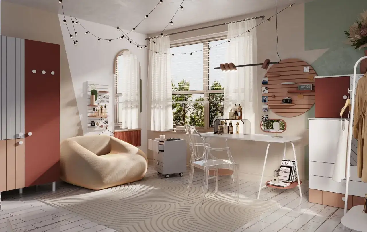 Urocze okno w pokoju dziecka aranżacje: pufa, biurko, lustro i szafa w pastelowych kolorach.