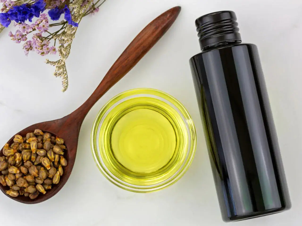 Drewniana łyżka z pestkami winogron, miseczka z olejem i butelka. Odkryj olej z pestek winogron właściwości.
