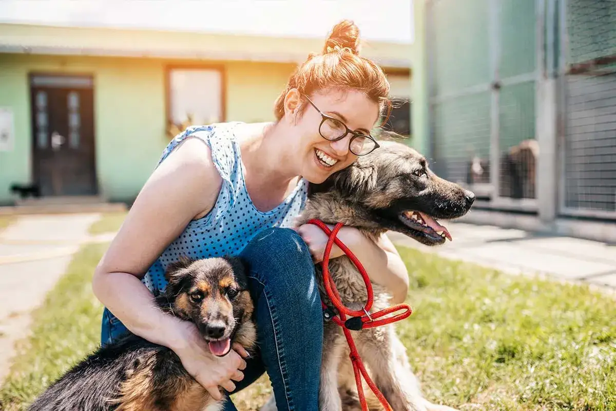 Szczęśliwa kobieta z okularami przytula dwa psy. To piękny przykład adopcji psa ze schroniska, gdzie czeka wiele kochających czworonog&oacute;w.