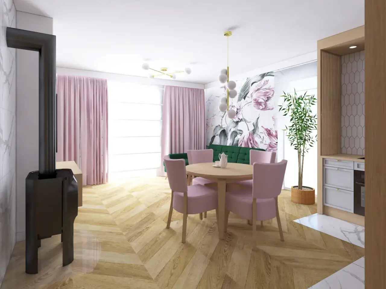 Przytulny salon z jadalnią: pudrowy r&oacute;ż krzeseł i zasłon kontrastuje z butelkową zielenią kanapy i tapetą z kwiatami.