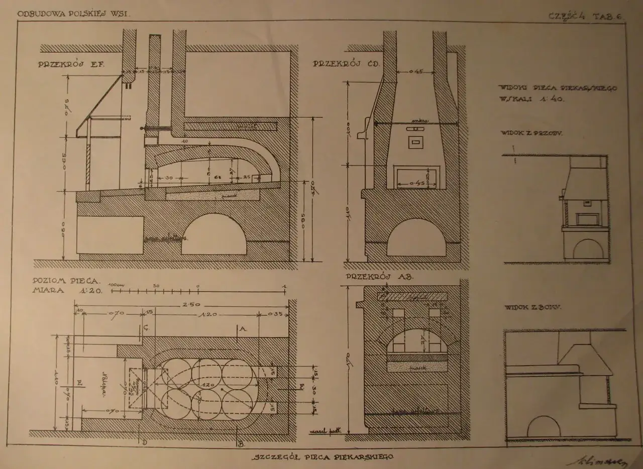 Rysunek techniczny przedstawia szczegółowy projekt pieca chlebowego, z przekrojami i widokami, ukazujący jego konstrukcję i wymiary.