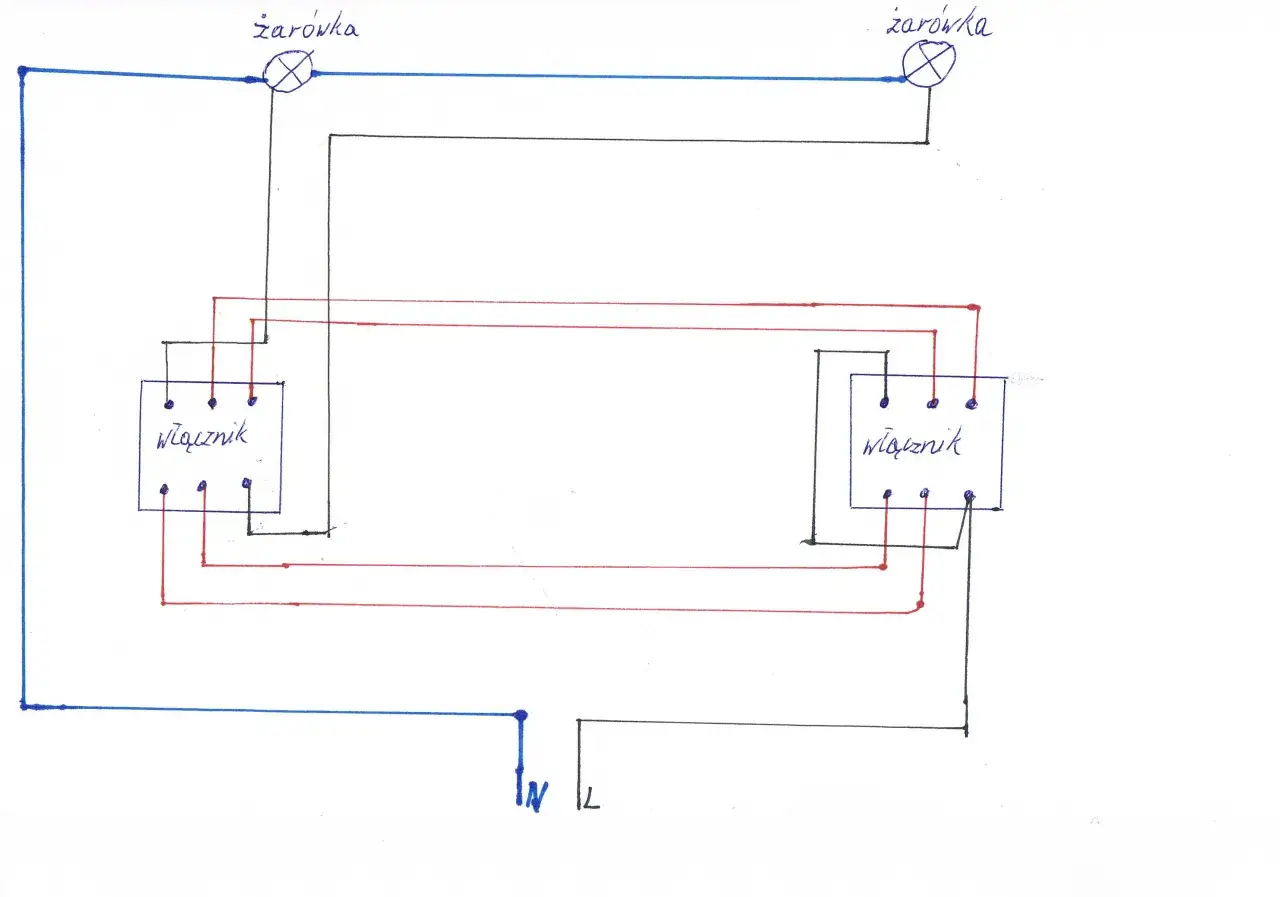 Schemat instalacji elektrycznej z dwoma łącznikami i dwiema żar&oacute;wkami. Wyłącznik krzyżowy potr&oacute;jny schemat pokazuje połączenia.