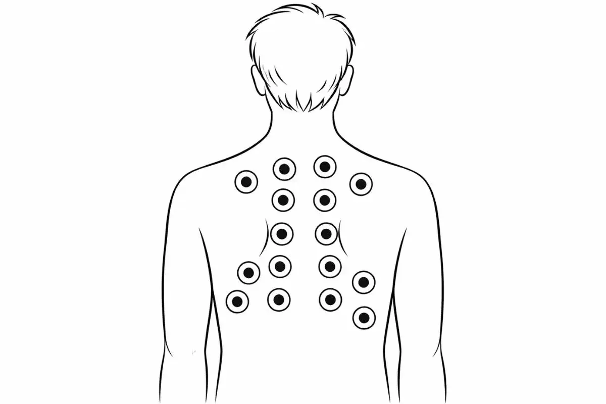 Ilustracja pokazuje plecy osoby z zaznaczonymi punktami, gdzie można stawiać bańki ogniowe.