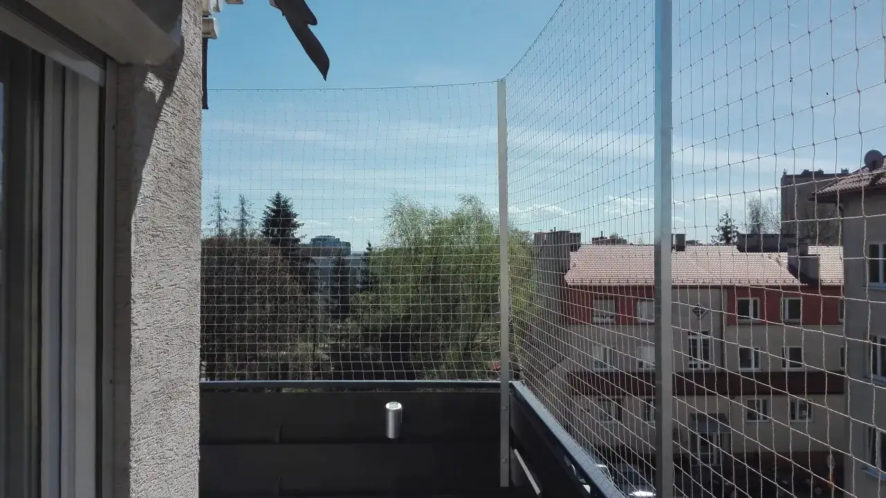 Zabezpieczony balkon siatką to idealne rozwiązanie, jak zabezpieczyć balkon dla kota, zapewniając mu bezpieczeństwo i swobodę.
