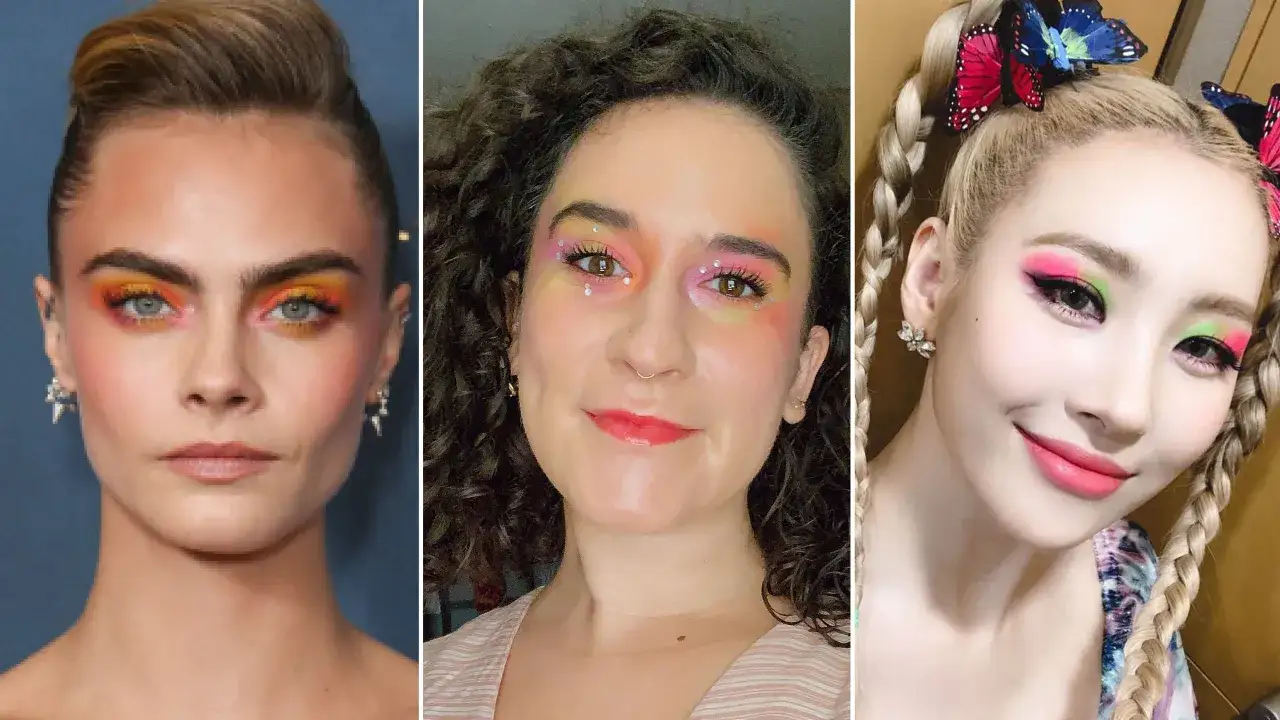 Trzy kobiety prezentują odważny, kolorowy makijaż oczu: Cara Delevingne w odcieniach pomarańczy i ż&oacute;łci, druga kobieta z brokatem i r&oacute;żem, a trzecia w neonowym r&oacute;żu i zieleni.