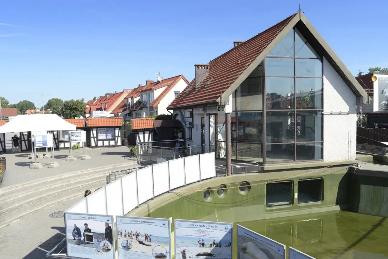 Wodne atrakcje na Helu: budynek z przeszkloną fasadą, basen i tablice informacyjne o fokach.