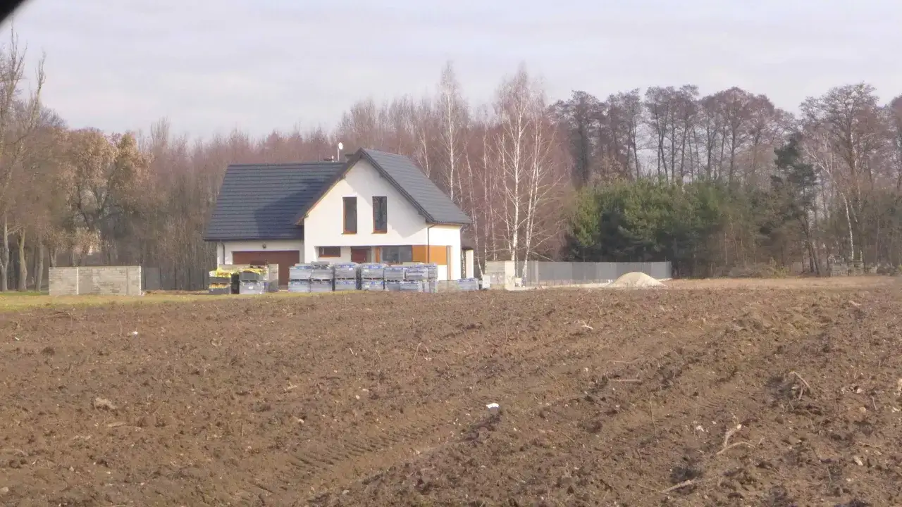 Wycinka drzew na działce budowlanej pod nowy dom. Widać materiały budowlane i świeżo zaoraną ziemię.