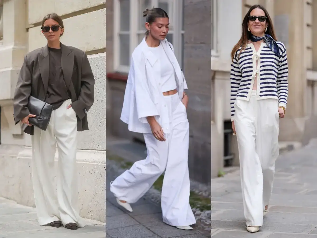 Inspiracje: co ubrać do białych spodni. Eleganckie stylizacje z marynarką, białym kompletem i marynarką w paski.