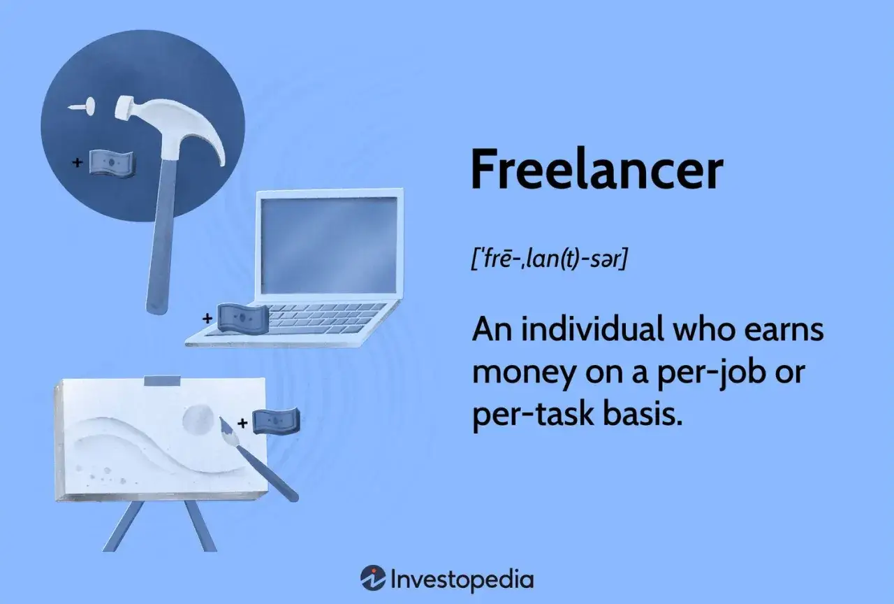 Ilustracja stockowa: młotek, laptop i sztaluga z pędzlem symbolizują pracę freelancera, kt&oacute;ry zarabia na zadaniach.