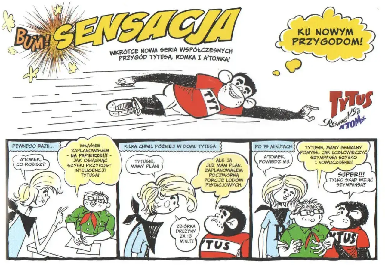 Komiks z PRL-u: Tytus, Romek i A'Tomek planują przygody. Dzieci z zaciekawieniem czytają książki dla dzieci PRL.