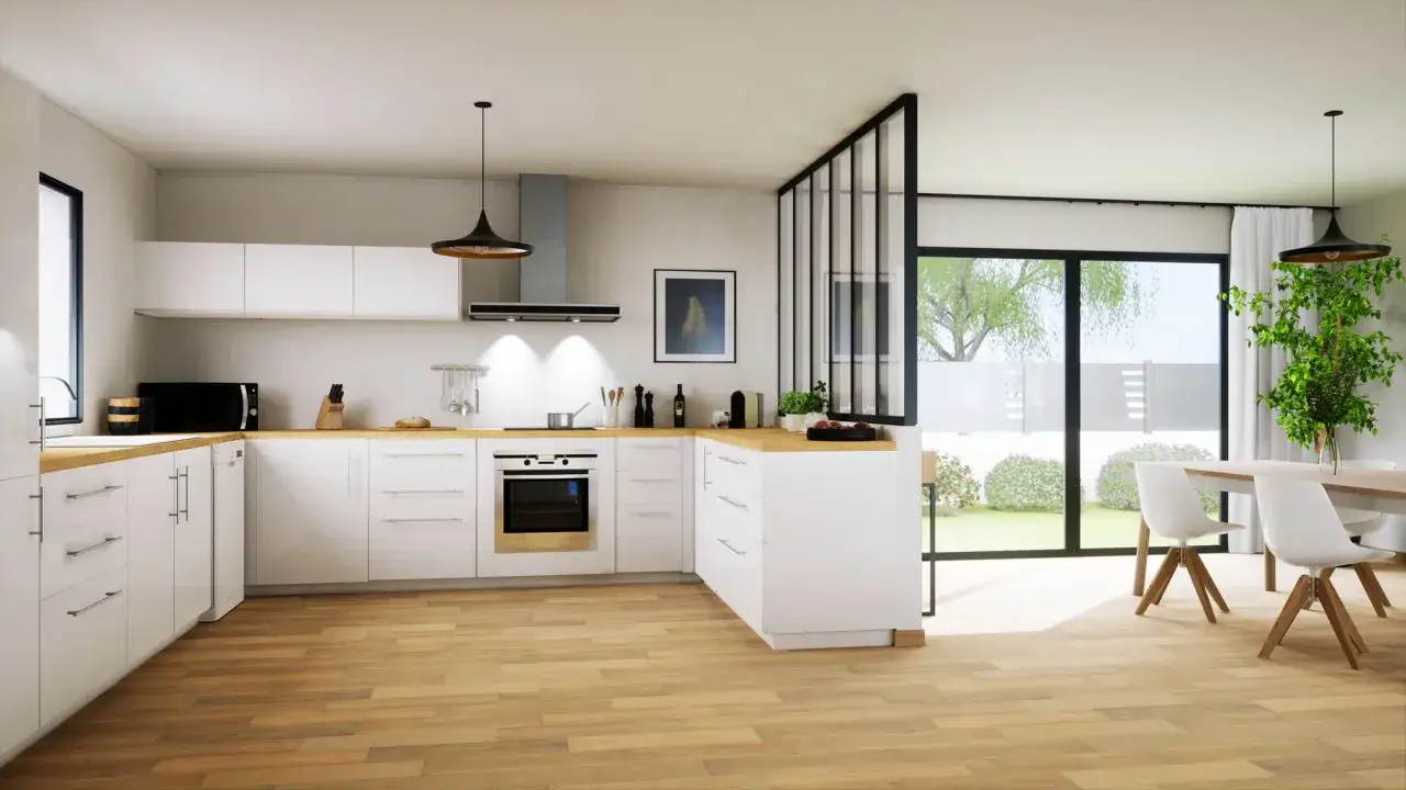 Jasne ściany i białe meble kuchenne doskonale komponują się z dębową podłogą, tworząc przestronne i nowoczesne wnętrze.