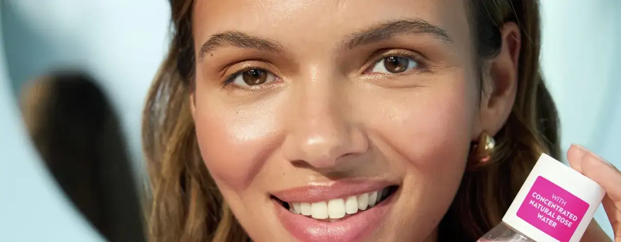 Uśmiechnięta kobieta z lśniącą cerą, trzymająca kosmetyk z wodą r&oacute;żaną. Idealny do dwuetapowe oczyszczanie twarzy.