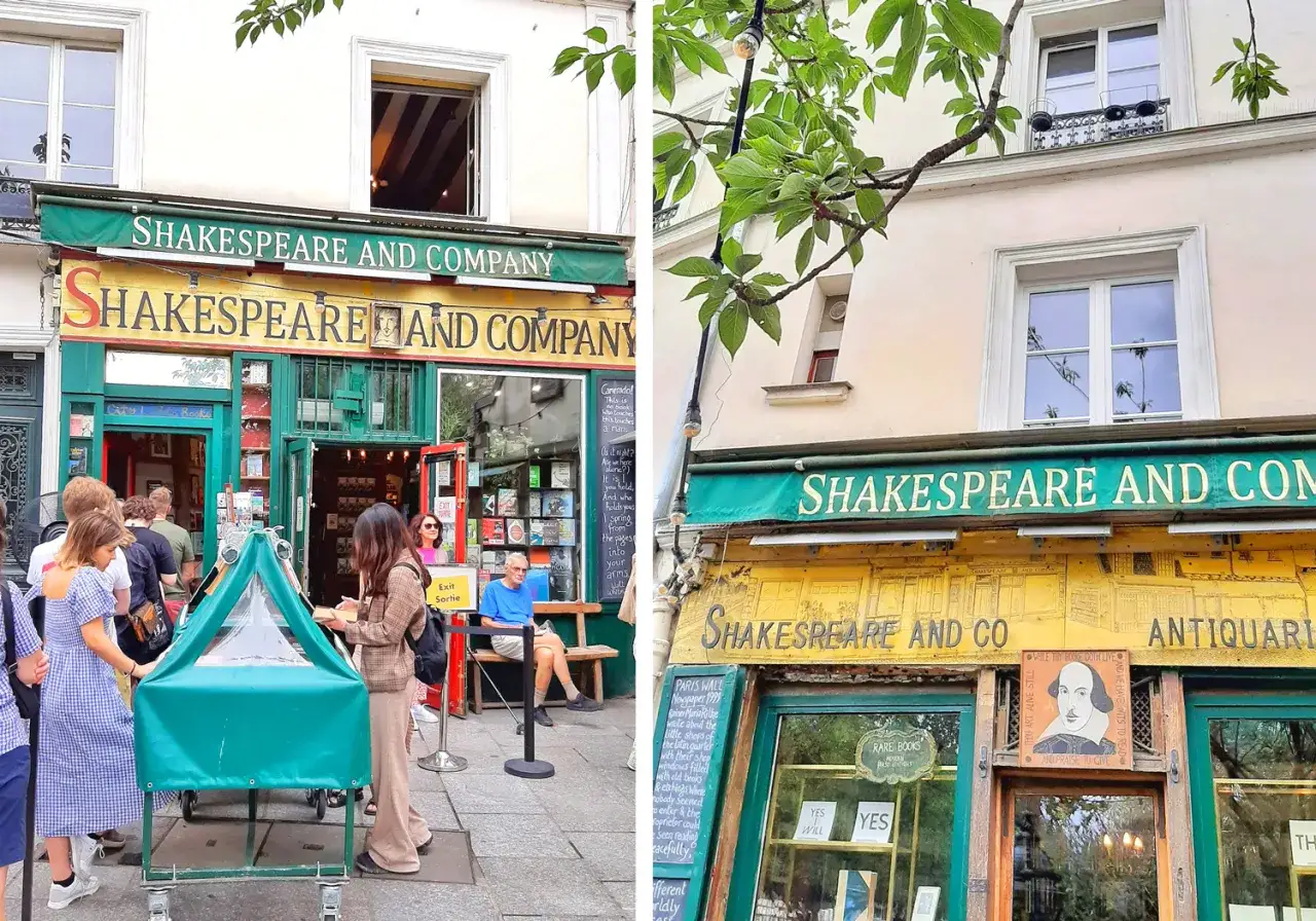 Pamiątki z Paryża: księgarnia Shakespeare and Company, z ludźmi przed wejściem i zielonym namiotem.