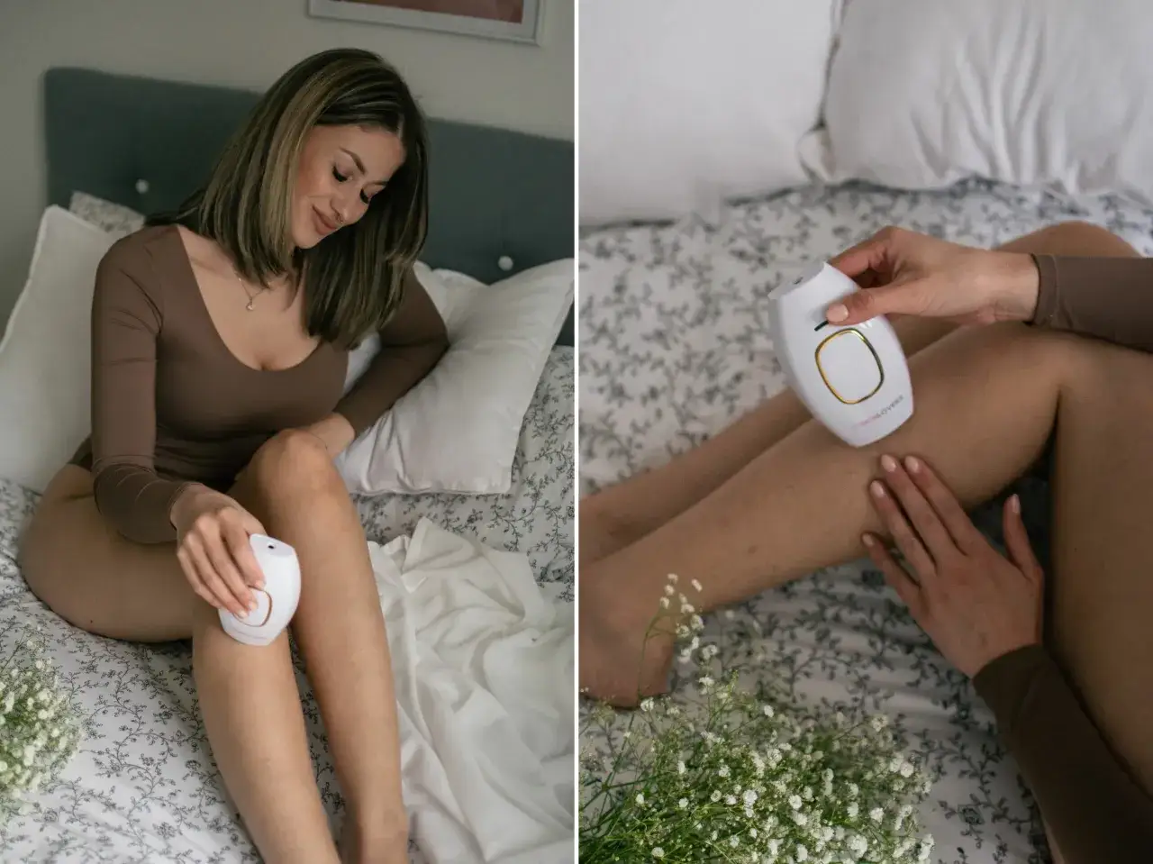 Kobieta wykonuje depilację laserową w domu, używając urządzenia na swojej nodze.