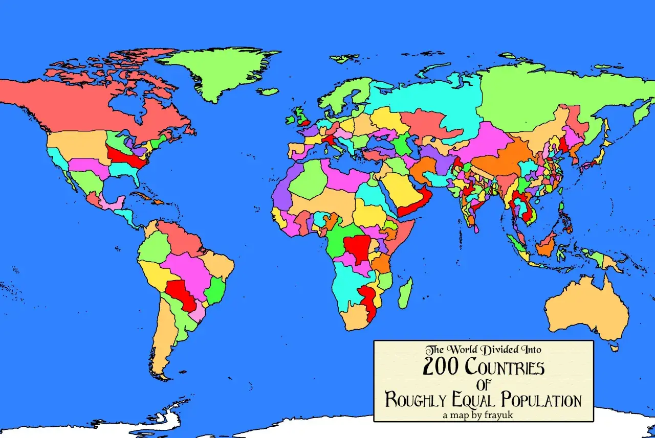 Kolorowa mapa świata podzielona na 200 kraj&oacute;w o r&oacute;wnej populacji. Każdy kraj po angielsku ma inny kolor.