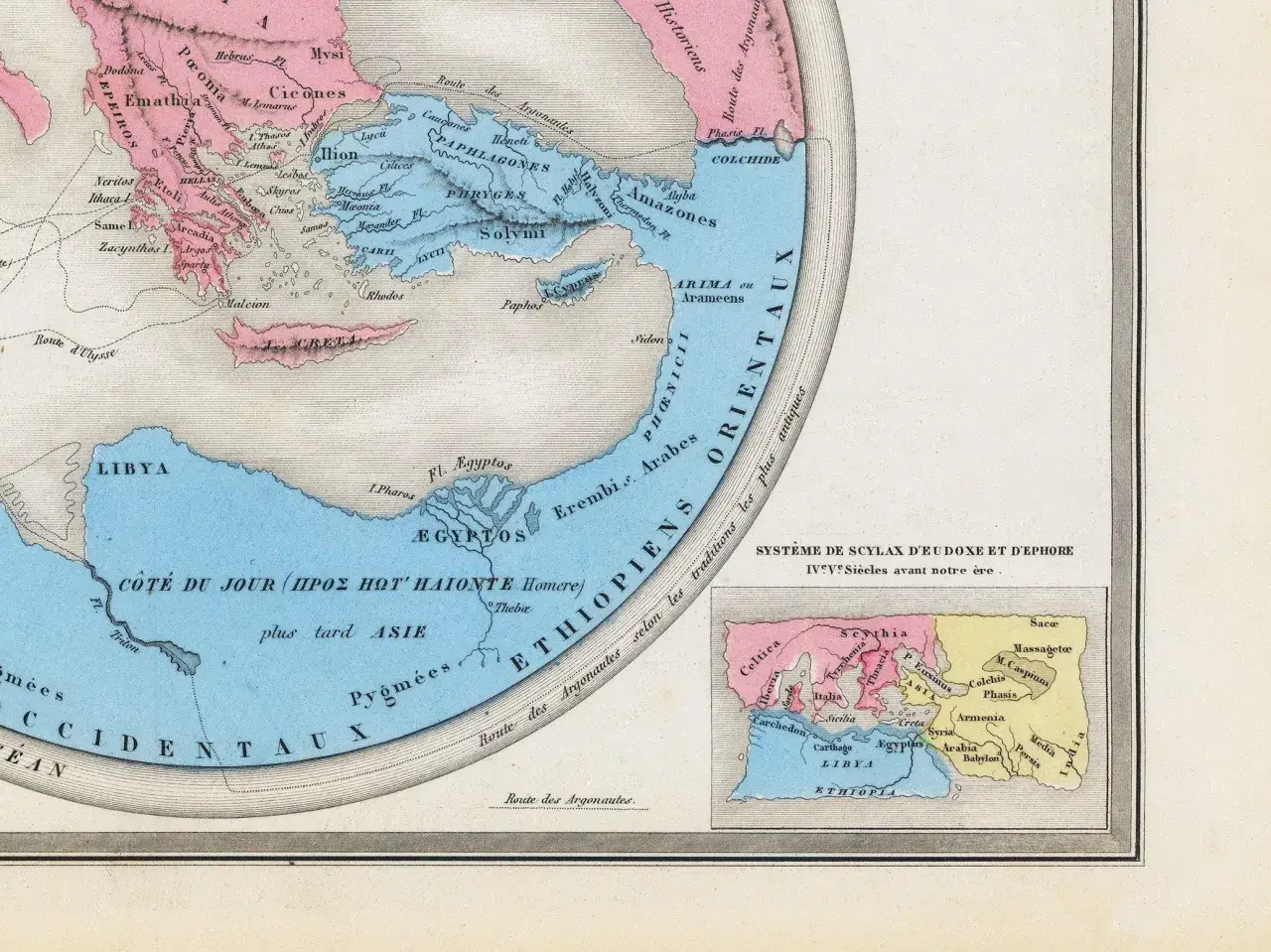 Mapa starożytnego świata z zaznaczonymi trasami Argonautów i Odyseusza, ukazująca Grecję, Egipt, Libię i Azję.