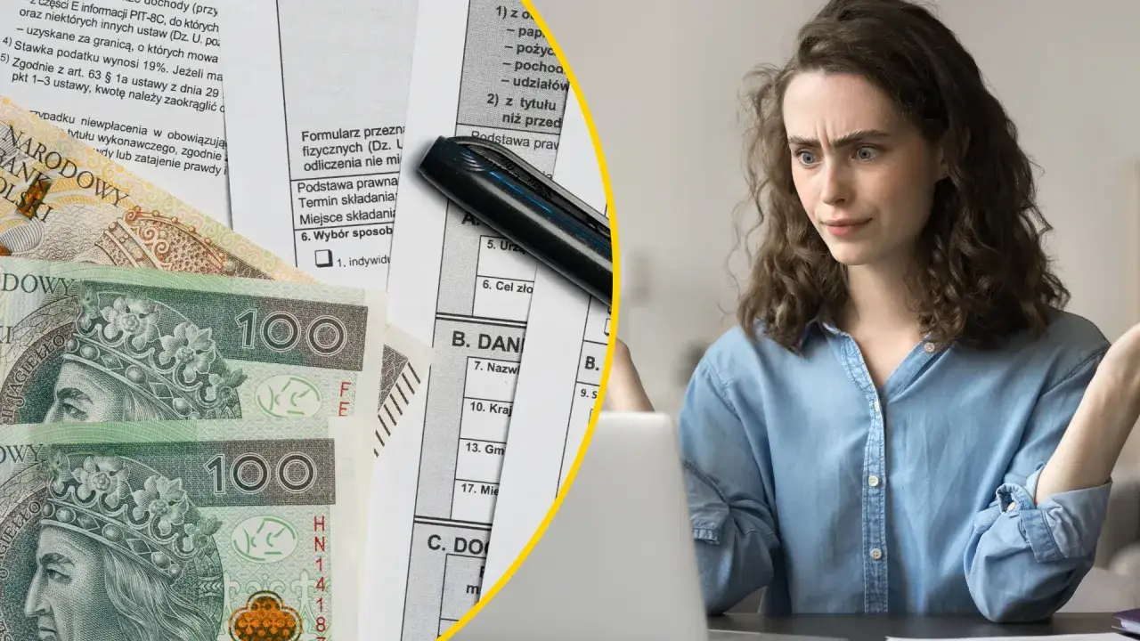 Zastanawiasz się, ile można zarobić bez podatku? Na zdjęciu polskie banknoty i formularz PIT, a obok zdezorientowana kobieta przy laptopie.