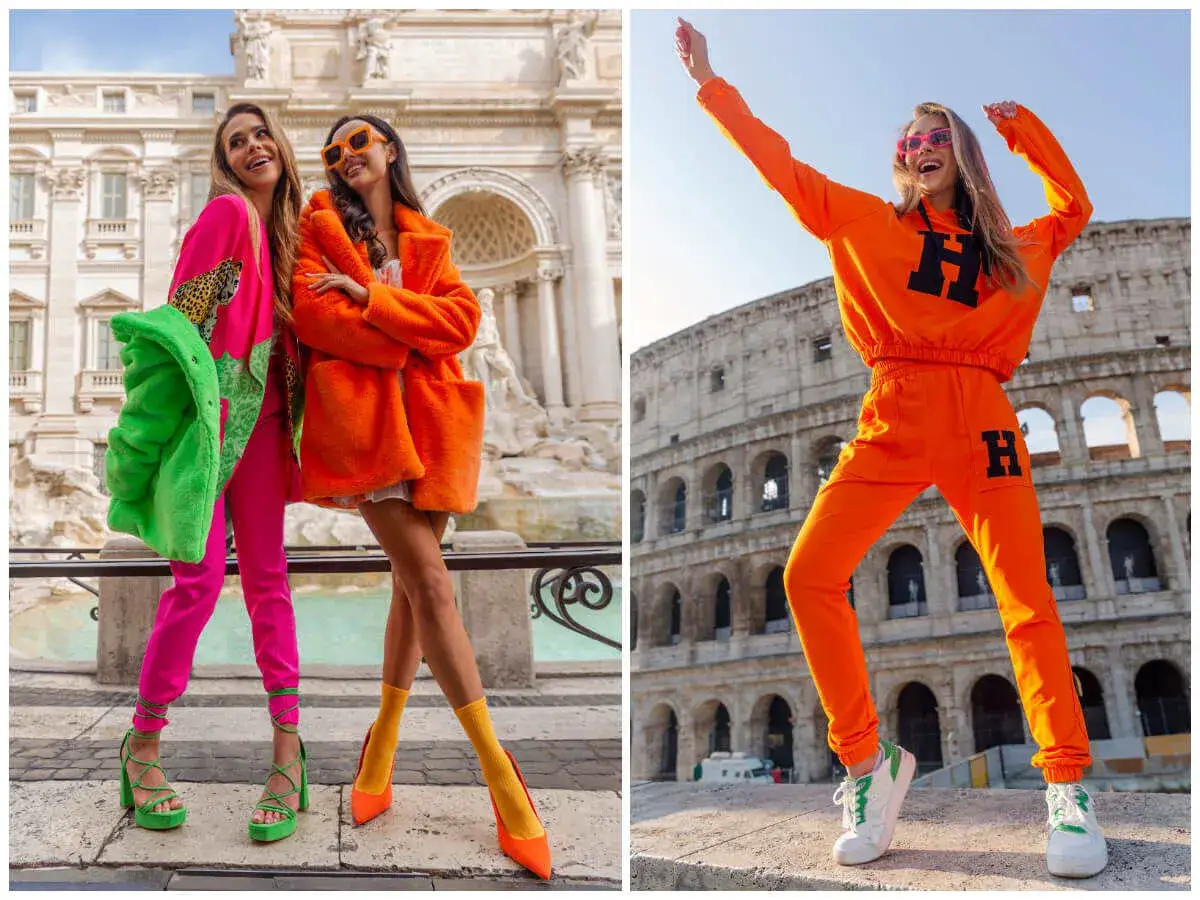 Dwie kobiety w Rzymie. Jedna w neonowym różu i zieleni, druga w futrzanym płaszczu w kolorze pomarańczowym. Na drugim zdjęciu kobieta w pomarańczowym dresie przed Koloseum.