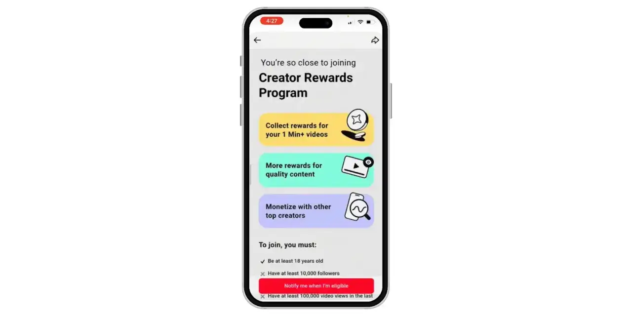 TikTok Creator Rewards Program dashboard