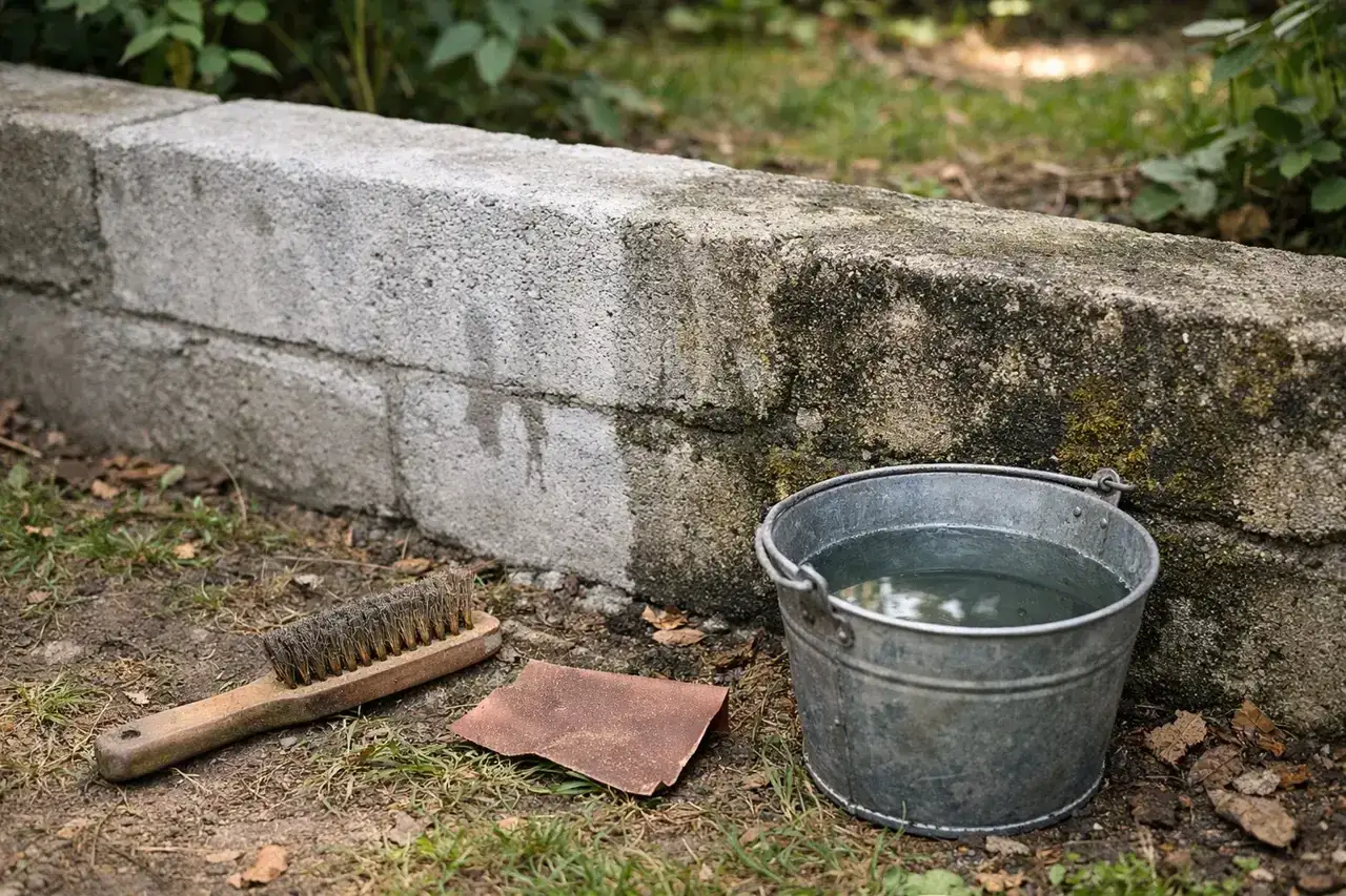 Jak odnowić stary murek betonowy? Potrzebne narzędzia: szczotka druciana, papier ścierny, wiadro z wodą.