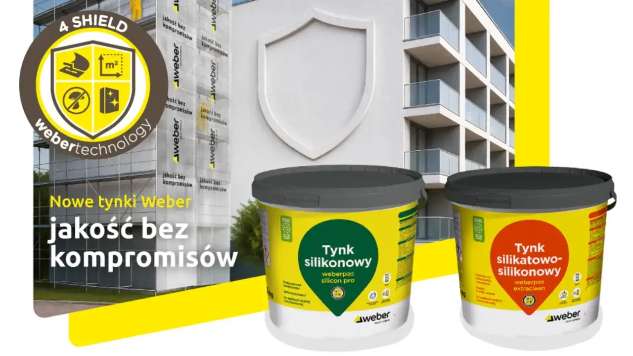 Dwa wiadra z tynkiem silikonowym na elewacje Weber. Nowe tynki Weber to jakość bez kompromisów.