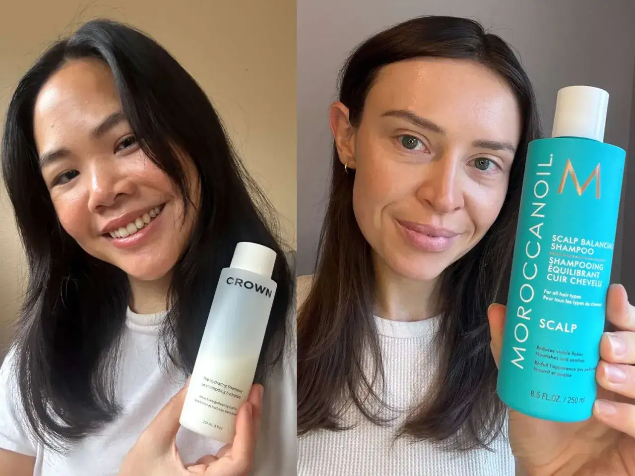Dwie kobiety prezentują szampony do włos&oacute;w. Jedna trzyma Crown The Hydrating Shampoo, druga Moroccanoil Scalp Balancing Shampoo. Idealne, by dowiedzieć się, czym nawilżyć sk&oacute;rę głowy.